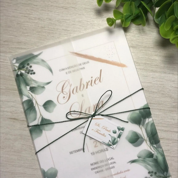 Convite Casamento Papel Vegetal com Folhagens Verde