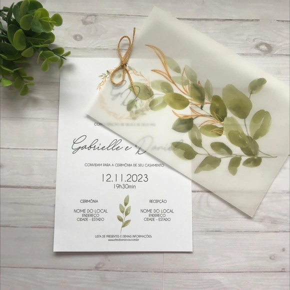 Convite Casamento Papel Vegetal com Folhas Verde e Dourado