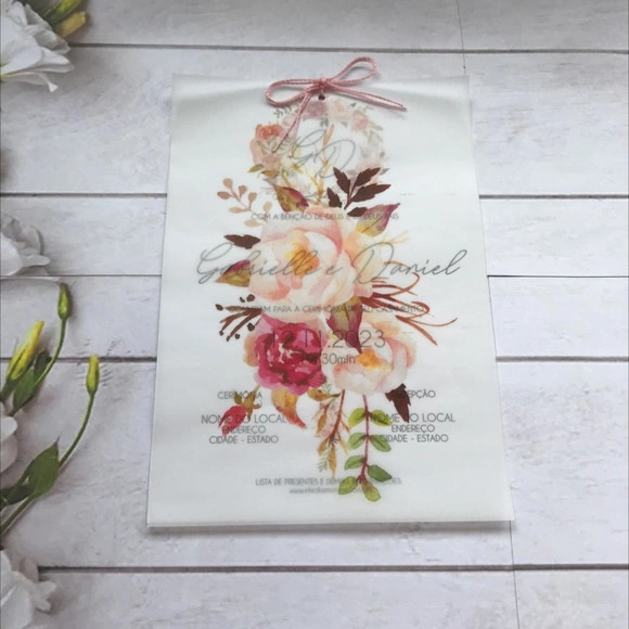Convite Casamento Co m Papel Vegetal Marsala e Rosé