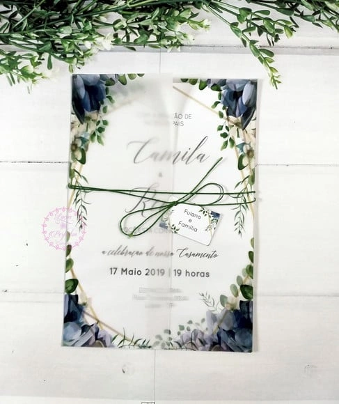 Convite de Casamento de Papel Vegetal com Suculentas