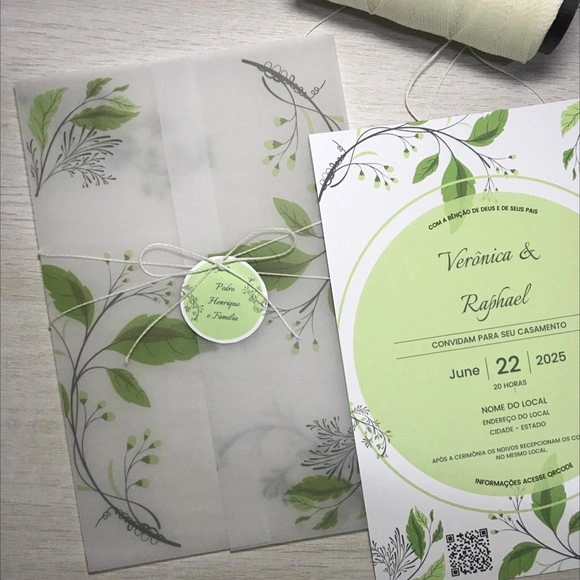 Convite Casamento Verde com Folhagens e Papel Vegetal