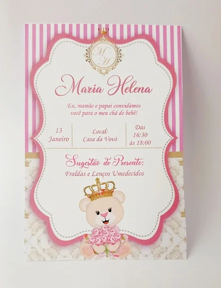 Convite Chá de Bebê Ursinha Princesa (10 Unidades)