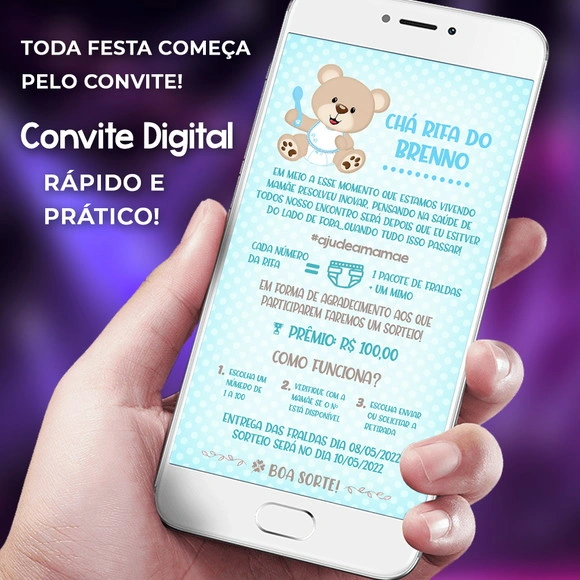 Convite Chá Rifa Ursinho Para Menino 1 a 100