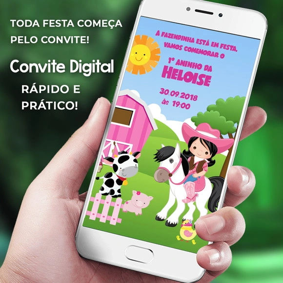 Convite de Aniversário Infantil Virtual Fazendinha Rosa