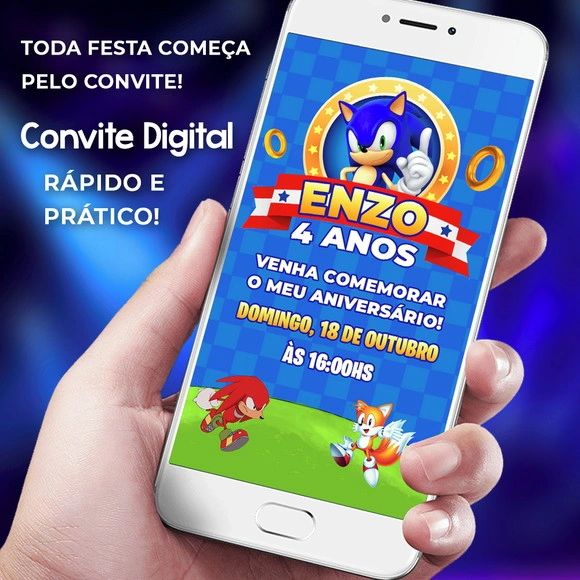 Convite de Aniversário Infantil Sonic Personalizado