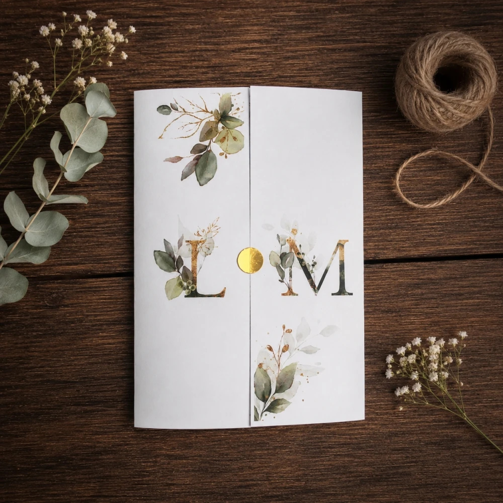 Convite de Casamento com Folhagem Verde e Dourado