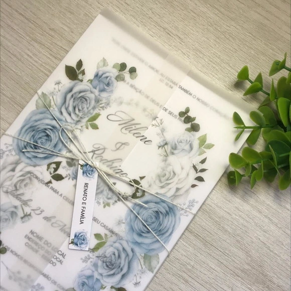 Convite D Casamento de Papel Vegetal e Floral Azul Serenity