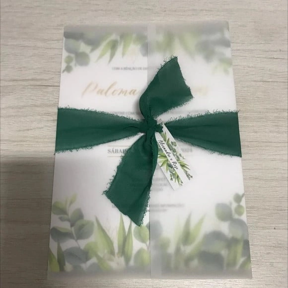 Convite de Casamento Folhagem Papel Vegetal Fita Artesanal