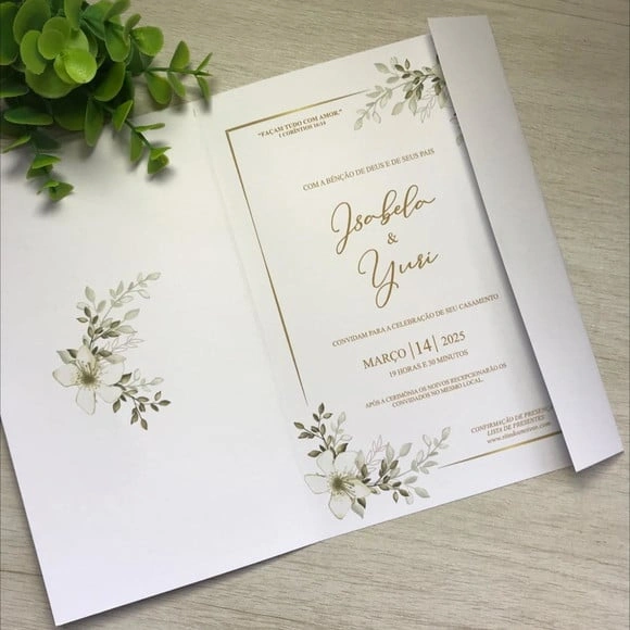 Convite de Casamento Folhagens, Convite Branco e Dourado, Co