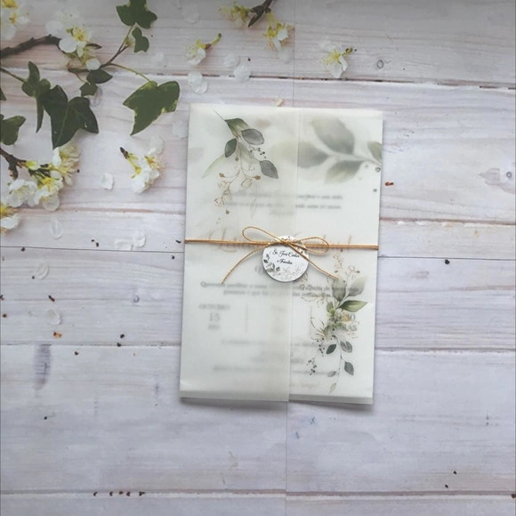 Convite Casamento Papel Vegetal e Folhagem Verde e Dourado