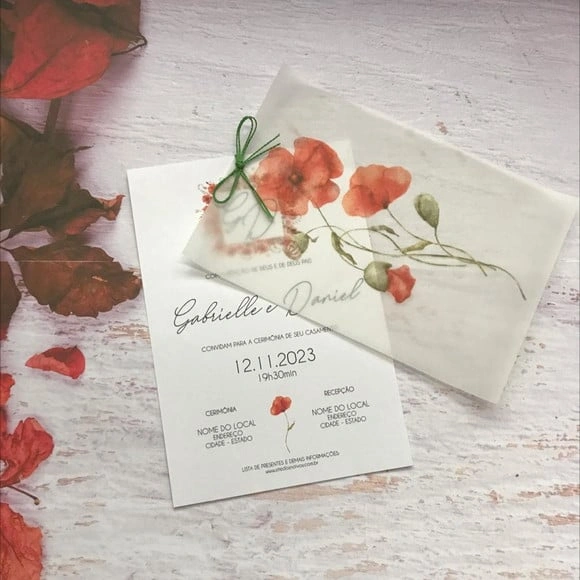 Convite de Casamento Papel Vegetal com Tulipas Vermelhas