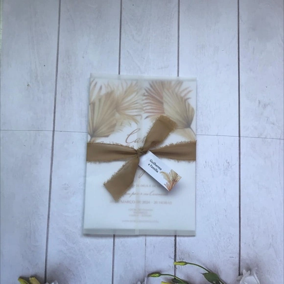Convite Casamento Papel Vegetal e Fita Artesanal Terracota