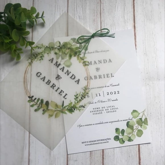 Convite de Casamento Papel Vegetal com Eucaliptus e Dourado