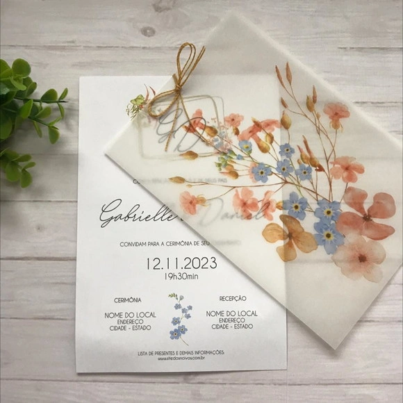 Convite Casamento Papel Vegetal Floral Azul/terracota