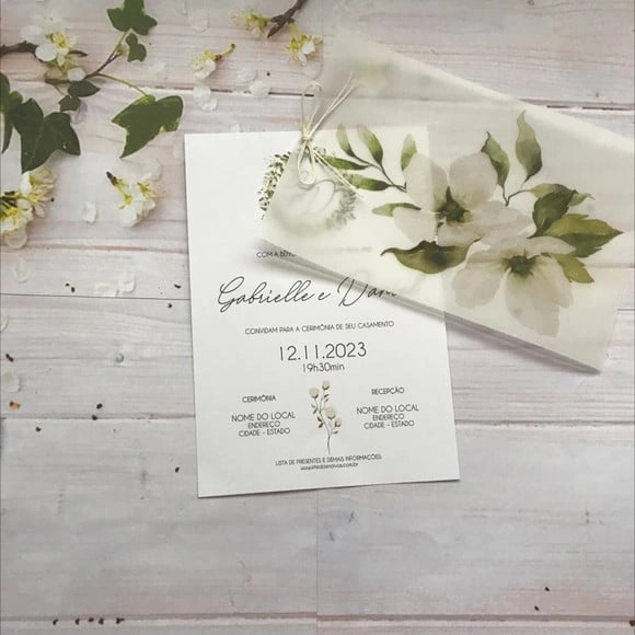 Convite de Casamento Papel Vegetal Floral Branco Cód. 2252