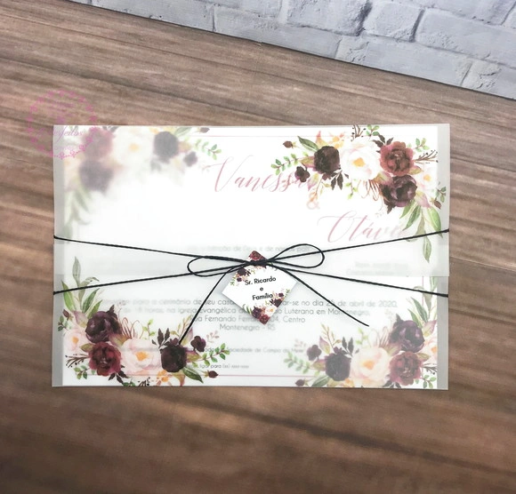 Convite Casamento Papel Vegetal e Flores Marsala