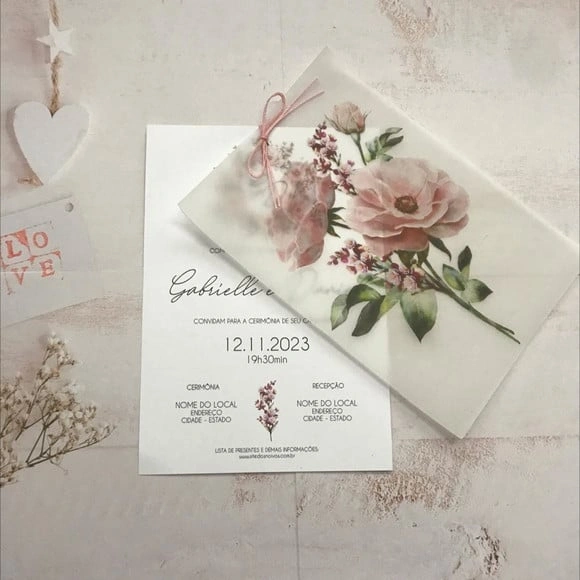 Convite de Casamento Papel Vegetal Floral Rosa Cód. 2247