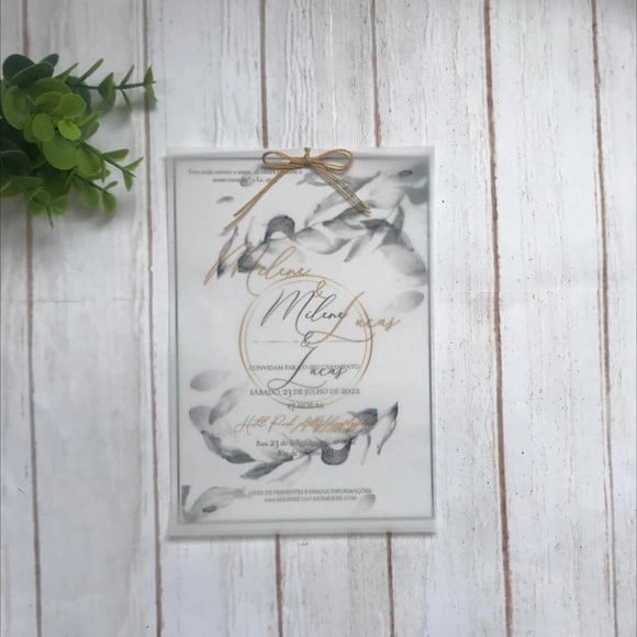 Convite de Casamento Papel Vegetal Folhagem Cinza e Dourado