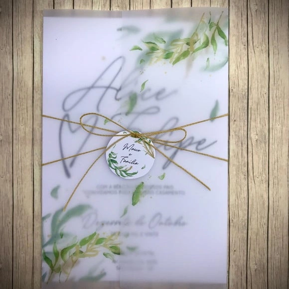 Convite de Casamento Papel Vegetal Folhagens Verde e Dourada