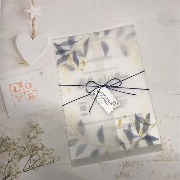 Convite de Casamento Papel Vegetal Folhas Azul e Dourado