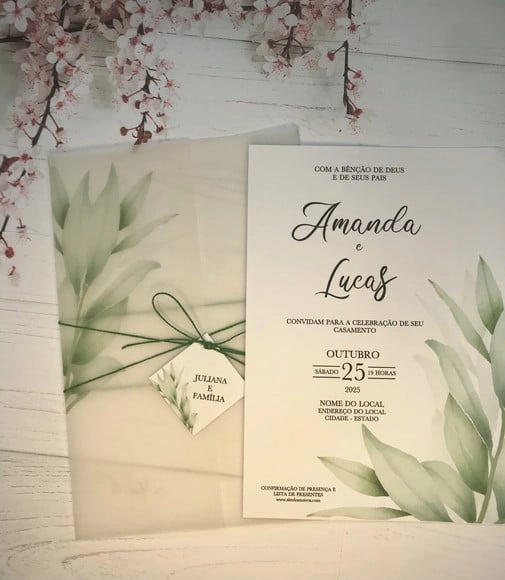 Convite de Casamento Papel Vegetal Folhas Cód. 2426