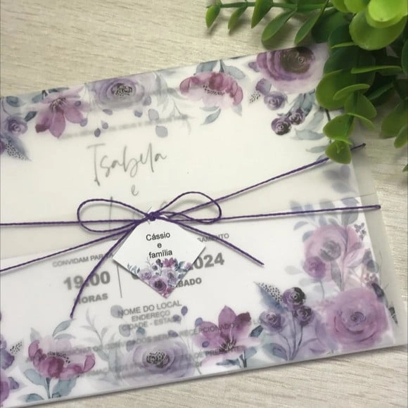 Convite de Casamento Papel Vegetal Lilás/roxo Cód. 2366