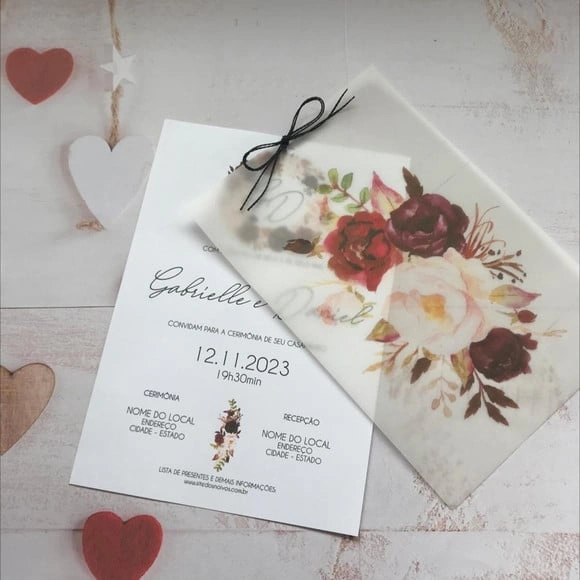 Convite de Casamento Papel Vegetal Marsala Cód. 2258