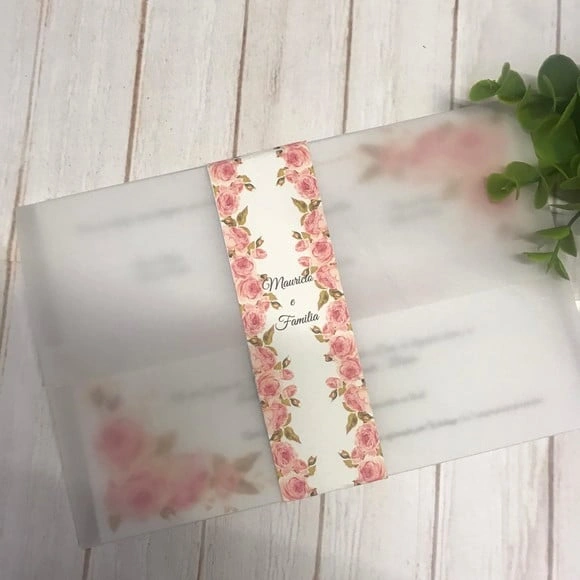 Convite de Casamento Floral Rosé com Papel Vegetal