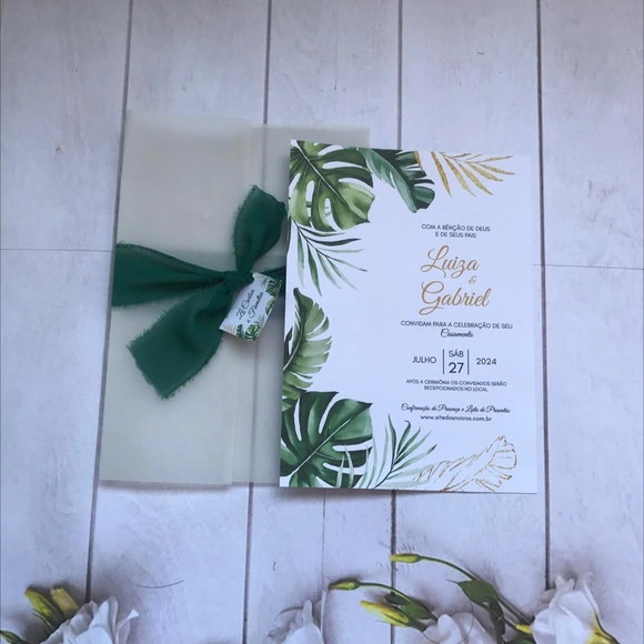 Convite Casamento Papel Vegetal Costela-de-adão e Palmeira
