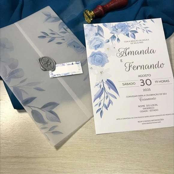 Convite de Papel Vegetal e Lacre de Cera Azul Serenity