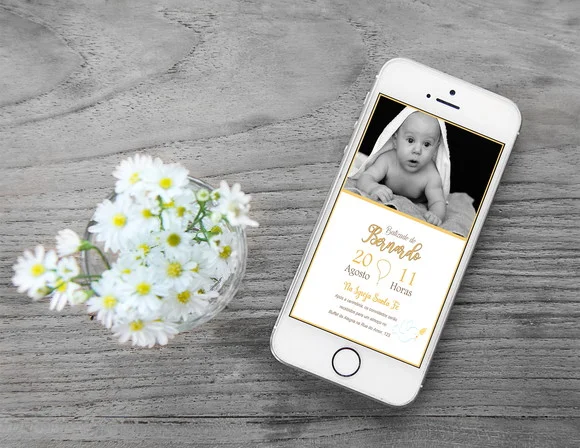 Convite Digital Personalizado Batizado Dourado com Foto