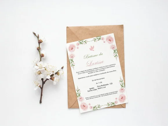 Convite Digital Personalizado Batizado Floral Minimalista