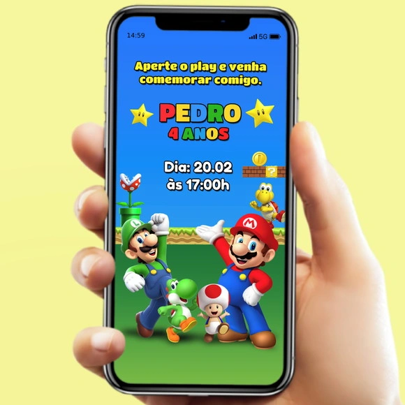 Convite Digital de Aniversario Super Mario para Whatsapp