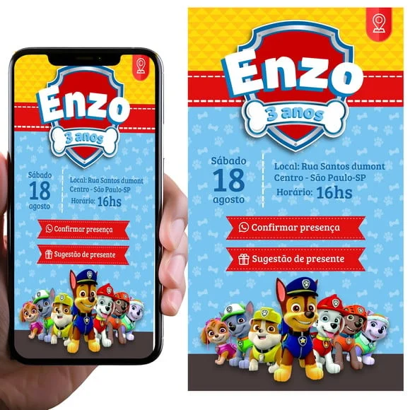 Convite Digital Infantil Personalizado Patrulha Canina