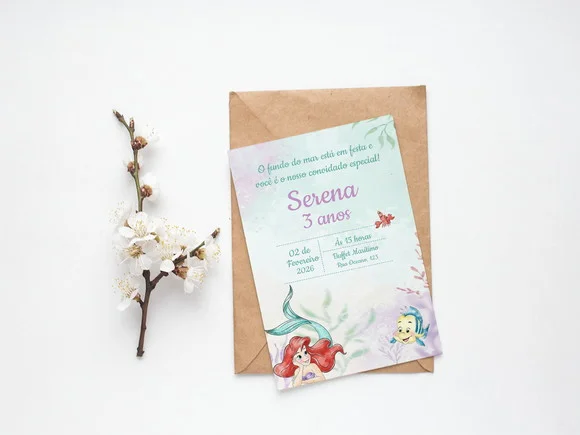 Convite Digital Personalizado a Pequena Sereia Aquarela