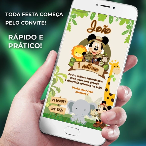 Convite Mickey Safari Digital Personalizado