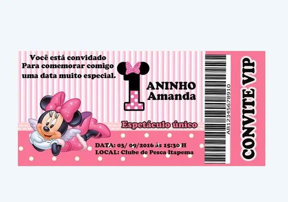 Convite Minnie Personalizado Ingresso