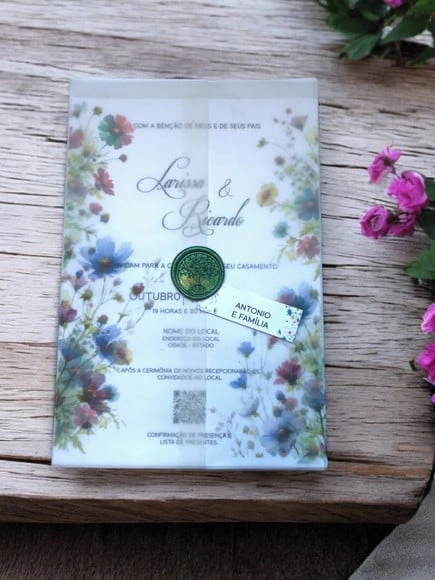 Convite Papel Vegetal e Lacre de Cera Flores Selvagens