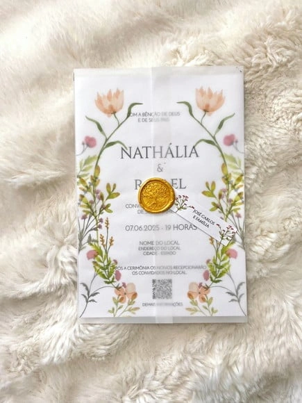 Convite Translúcido com Lacre de Cera, Wildflower Peach Fuz