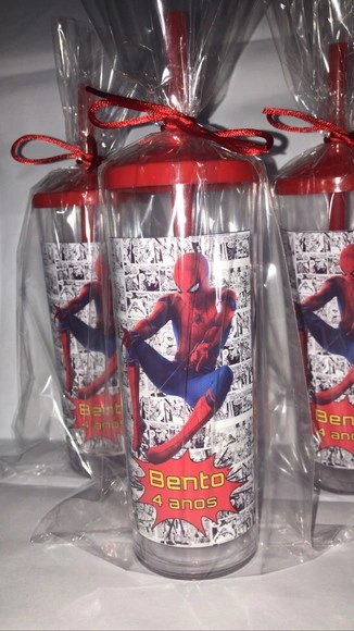 Copo Long Drink com Tampa e Canudo Homem Aranha