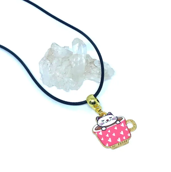 Cordão Colar com Gato Esmaltado Metal em Dourado