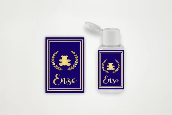 Adesivo Personalizado Frasco Álcool Ursinho Azul e Dourado