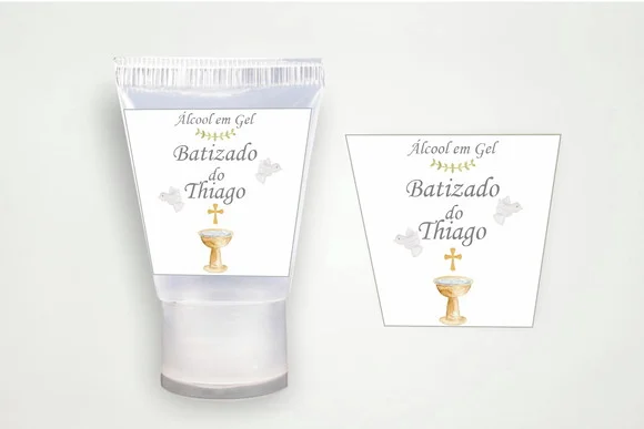 Rótulo Personalizado Álcool Gel Batizado Aquarela