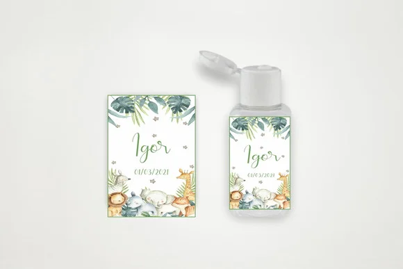 Rótulo Personalizado Frasco Álcool Gel Safari Aquarela