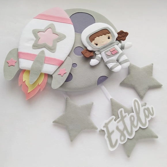Enfeite Porta Maternidade Lua, Astronauta e Foguete - Estela