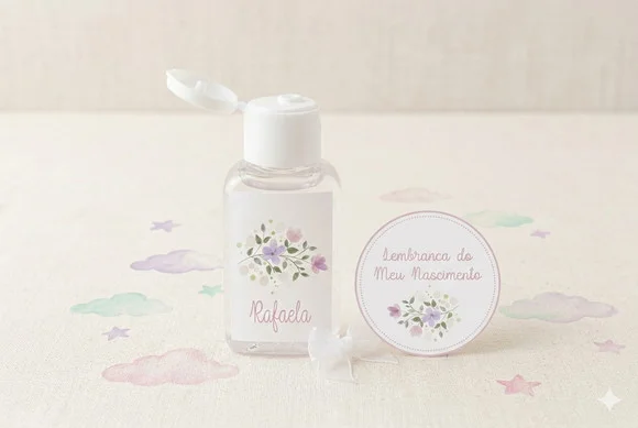 Etiqueta Personalizada Álcool Gel Floral Rosa e Lilás e Tag