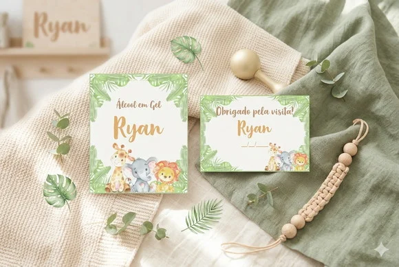 Etiqueta Personalizada Álcool Gel Safari Baby e Tag
