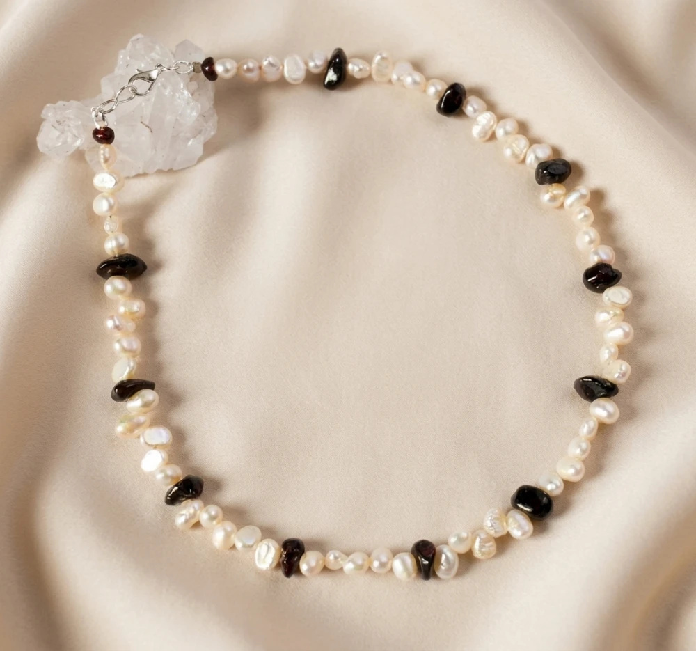 Gargantilha Choker Pérola Água Doce Irregulares E Pedra Granada legítimas