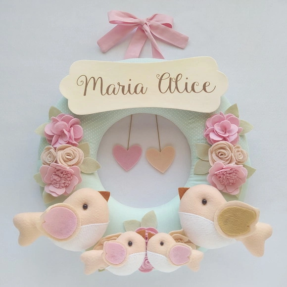Guirlanda Maternidade Passarinhos Verde e Rosa - Maria Alice