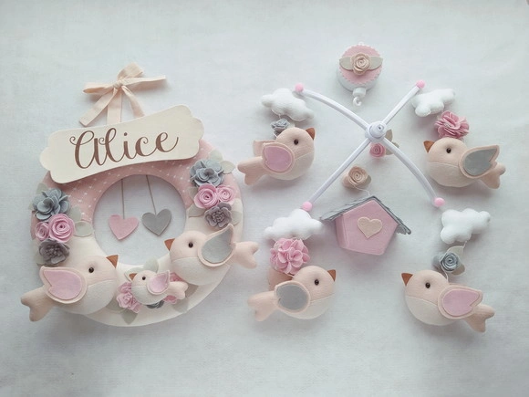 Guirlanda + Móbile Musical Pássaros Cinza e Rosa - Alice